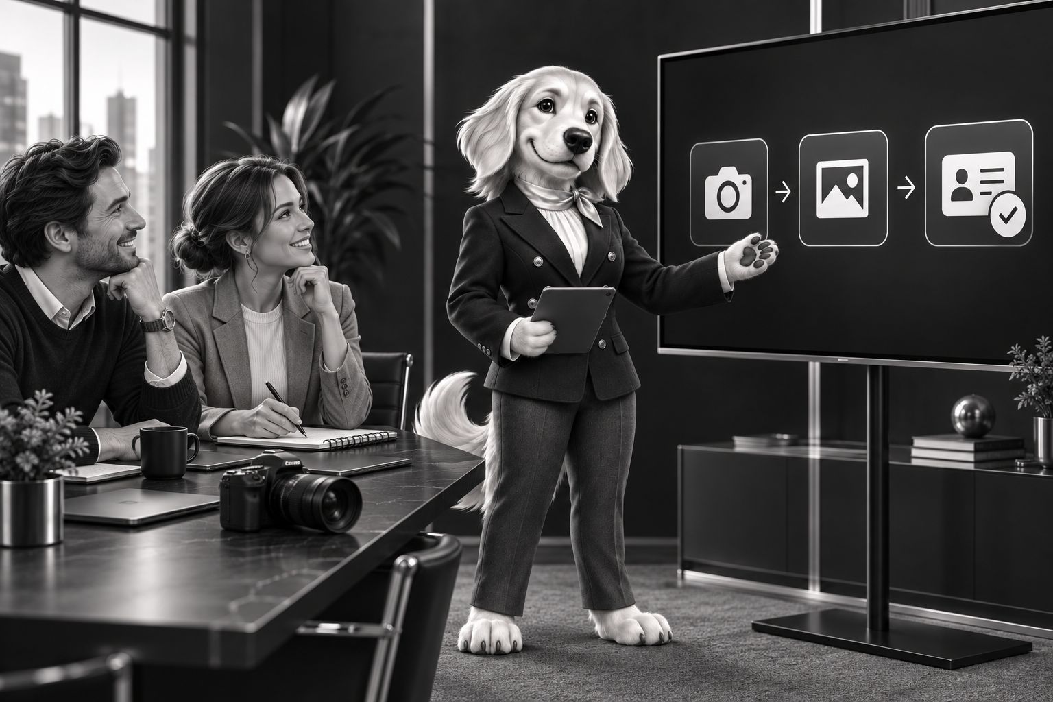 ROX, el golden retriever de la marca, presenta un proceso de trabajo a dos clientes en una sala de reuniones